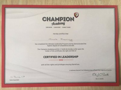 Certified in Leadership and a Qualified Coach at Champion Academy