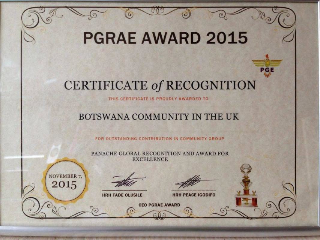 PGRAE Award 2015 for Botswana Community in the UK