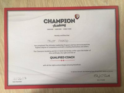 Certified in Leadership and a Qualified Coach at Champion Academy